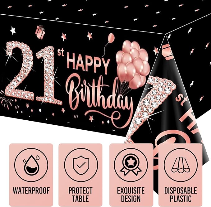3 Pack Rose Gold 21st Birthday Tablecloth Decorations for Women Girls, Happy 21st Birthday Theme Table Cover Party Supplies, Plastic Disposable Rectangular Table Cloth Decor