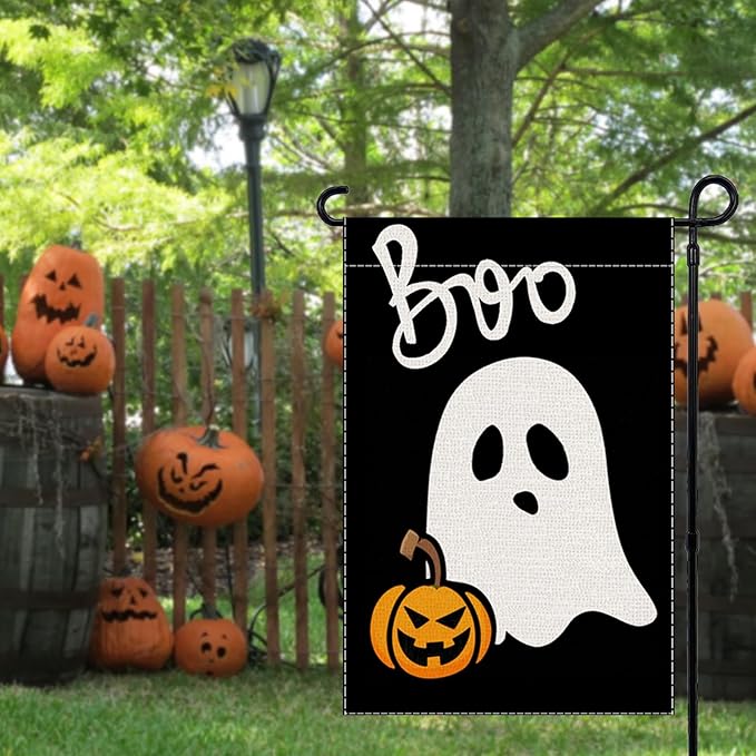 Halloween Garden Flag Ghost Welcome Small Flags for Outside, 12x18 Inch Spooky Boo Double Sided Burlap Holiday Fall Banner Yard Outdoor Decoration