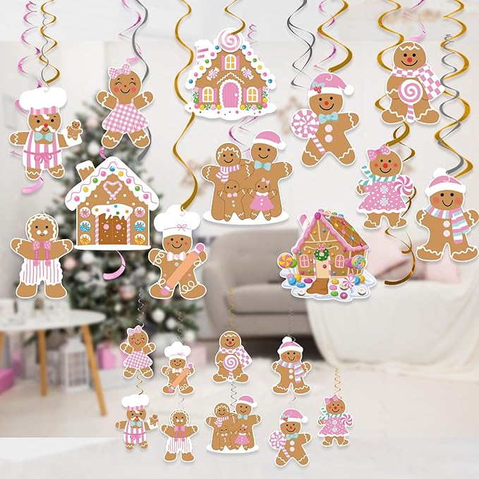 24pcs Pink Gingerbread Party Decorations Hanging Swirls Christmas Gingerbread Streamers Decor for Christmas Birthday Party Supplies