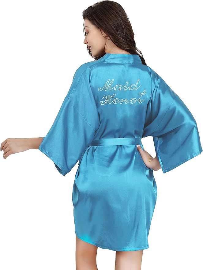 EPLAZA Women's One Size Silver Rhinestones Bride Bridesmaid Short Satin Robes for Wedding Party Getting Ready