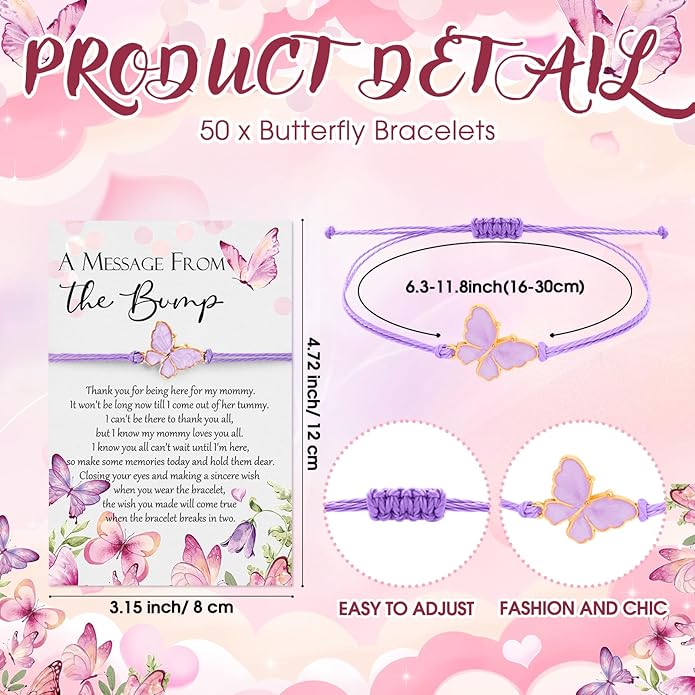 Ferreve Baby Shower Favors for Guests Bulk, 50 Pack Butterfly Wish Bracelets with “A Message from the Bump” Cards, Baby Shower Party Favors for Gender Reveal