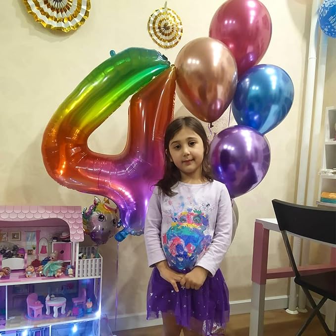 40 Inch Rainbow Number Balloon 4, Large Number Foil Balloons Mylar for Girl Boy Birthday Party Celebration Decorations Supplies, Digital Balloons for Wedding Anniversary Events Decorations