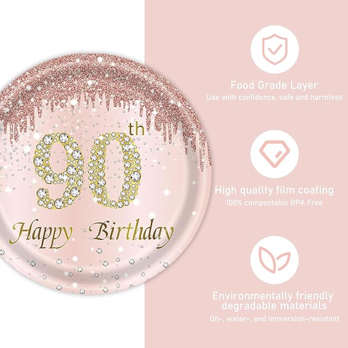 121Pcs 90th Birthday Party Supplies Plates Napkins Cups Forks Tablecloth Rose Gold Happy 90th Birthday Themed Disposable Tableware Decorations Serves 24 Guests for Women 90 Years