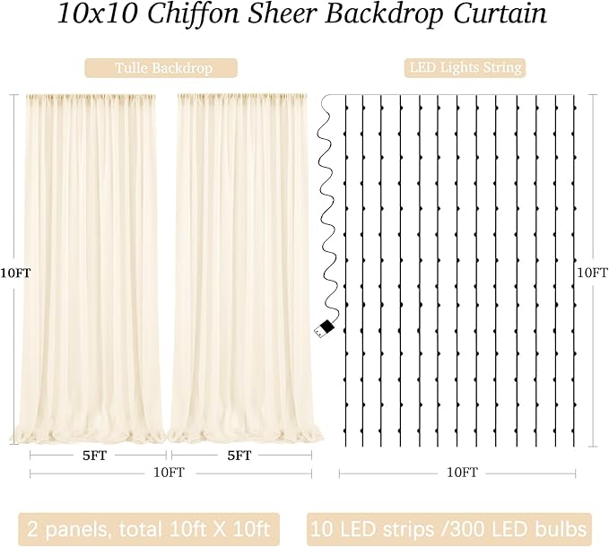 10ft x 10ft Ivory Chiffon Backdrop Curtain with Lights String for Parties,2 Panels Sheer Tulle Curtain Wedding Photo Backdrop with Lights for Baby Shower Birthday Party Ceremony Home Decorations