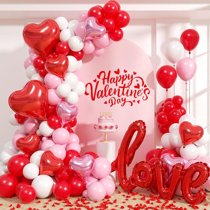 Valentines Day Balloons Garland Arch Kit - 161Pcs Different Size Red Pink White Balloons with Heart and LOVE Foil Balloon for Valentine's Day Galentine's Day Anniversary Party Decorations
