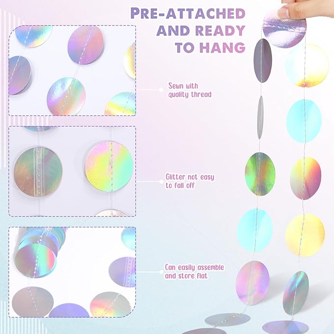 Syhood 10 Pcs Party Decorations Paper Dot Circle Garlands Glitter Streamers Hanging Banner Decor for New Year Baby Shower Wedding Birthday Backdrop Supplies (Iridescent Color)