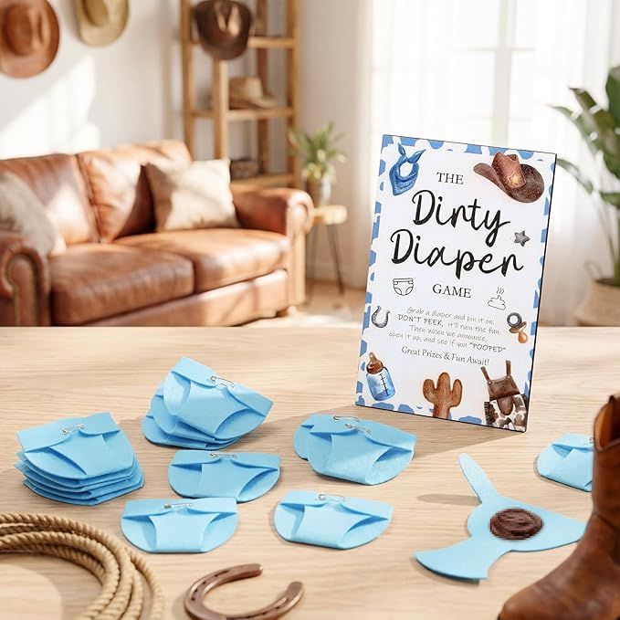 Roowest 51 Pcs Dirty Diaper Baby Shower Games Funny Wooden Sign with 50 Pcs Mini Diapers Cute Felt for Gender Reveal Party Baby Shower (Blue Cowboy)