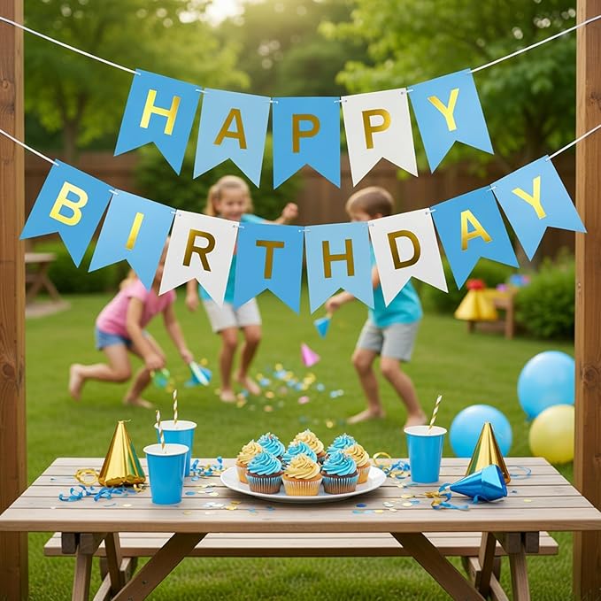 Blue Happy Birthday Banner,Navy Blue and Gold Party Decorations Sigh for Birthday Decor,Backdrop Birthday Party Supplies,No DIY for Girls Boys Kids and Women Party Hanging