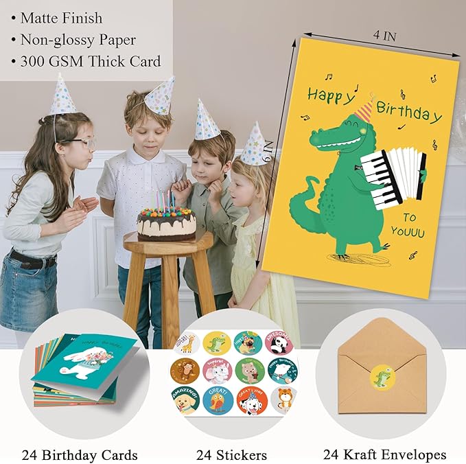 Birthday Cards Bulk for Kids, Cute Animal Birthday Cards, Assorted Happy Birthday Note Cards for Boys Girls, Children Birthday Cards with Envelopes & Stickers - 12 Unique Designs (6 x 4 In, 24 Pack)