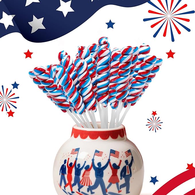 Red White and Blue Twisty Lollipops Individually Wrapped Twist Suckers Bulk for Party Favors Kid's Lollipop Candy for Birthday Blueberry Flavors 30 Pack
