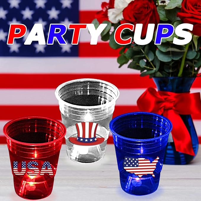 mishunyus 40 Pcs Glow Patriotic Party Decorations, 4th of July Party Cups Pack, USA Citizenship Party Supplies for Memorial Day, Independence Day, Veterans Day(16 oz)