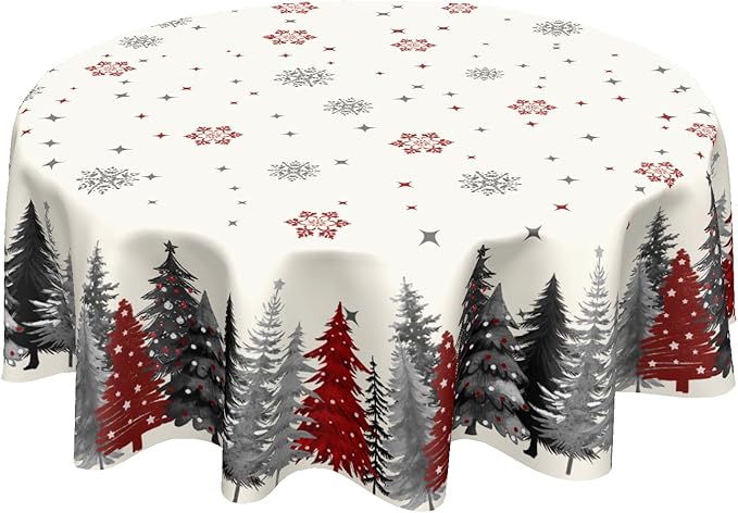 Christmas Snowflake Round Tablecloth 60 Inch Gary and Red Xmas Tree Pattern Circle Table Cloth Winter Holiday Table Cover for Home Kitchen Dinning Party Decor