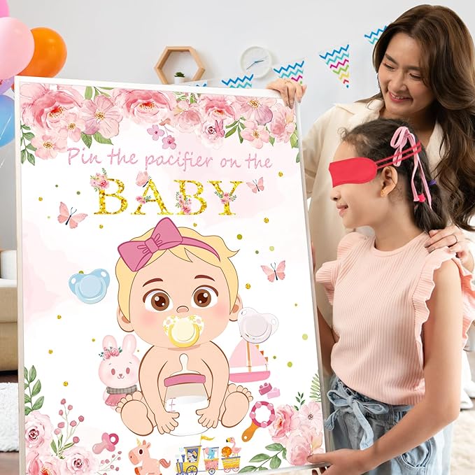 WNINK Pin The Pacifier On The Baby Pink Baby Shower Game Party Decorations Include Large Poster 30 Pacifier Stickers Game Set for Baby Shower Activity, Gender Reveal, Birthday Party Decor Supplies