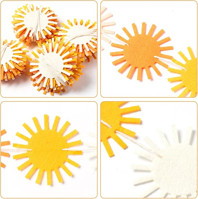 Boho Sun Garland Felt Artificial First Trip Around The Sun String Banner Hippie Boho Muted Sunrise Party Supplies Aesthetic Indoor Outdoor Party Decoration for Baby Shower Wedding, 4Pcs