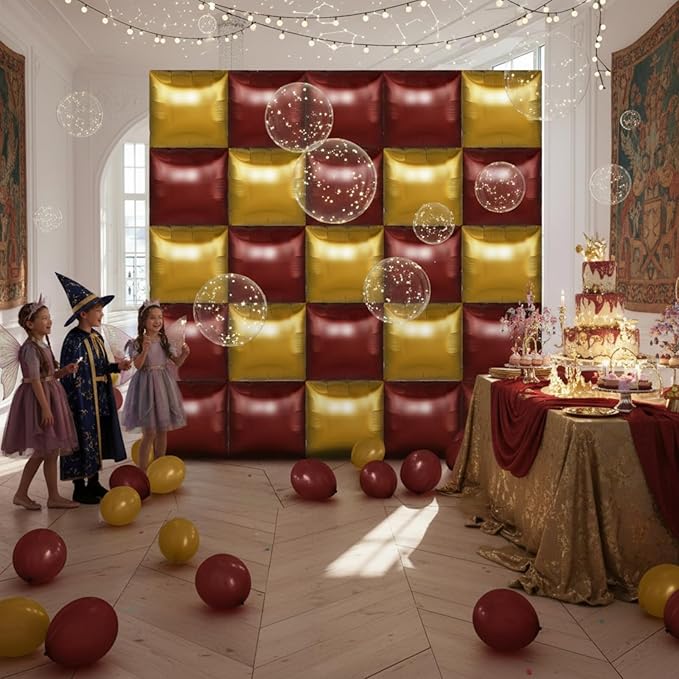 25 Pcs Wizard Party Decor Magical Square Double Sided Foil Balloon Backdrop 19'' Burgundy Gold Foil Balloon Tunnel Arch Garland Kit for Medieval Party Baby Shower Birthday