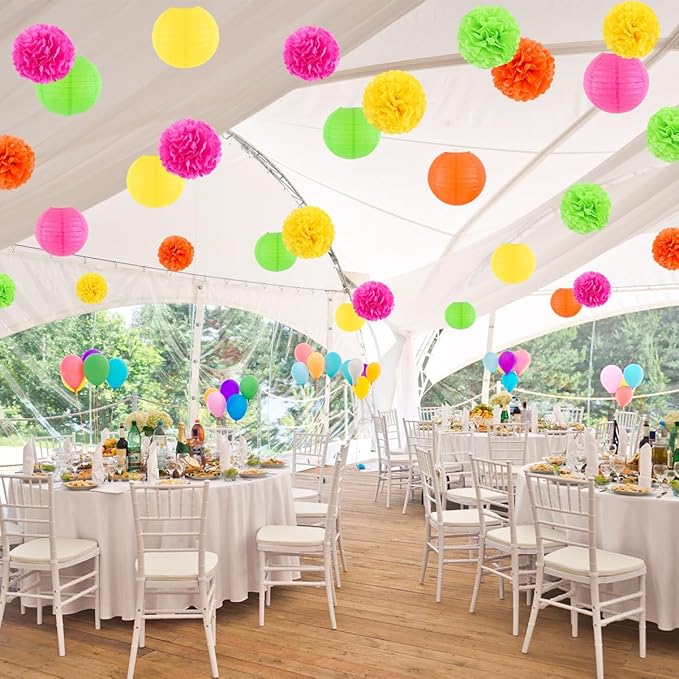 zilue Glow in the Dark Party Supplies, Paper Lanterns and Pom Poms Flowers for Birthday Party Baby Shower Wedding Shower Decor Pack of 15 Pieces