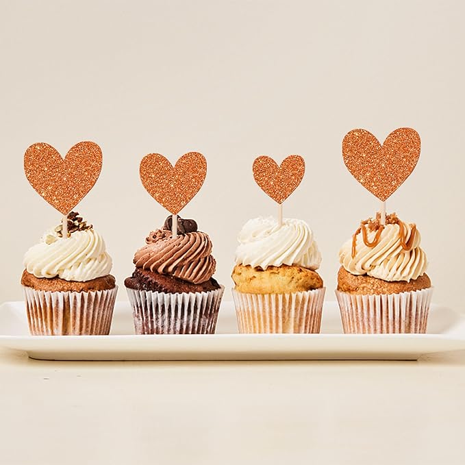 30 PCS Love Heart Cupcake Toppers Glitter Bridal Shower Sweet Love Cupcake Picks for Wedding Engagement Valentine's Day Baby Shower Birthday Party Cake Decorations Supplies Orange