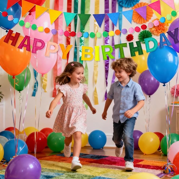 Pre-Strung 3D Happy Birthday Banner, 38 PCS Felt Ball Garland HAPPY BIRTHDAY Sign, Rainbow Pom Pom Garland, Triangle Fabric Bunting Party Banners, Reusable Rainbow Birthday Party Decorations for Girls Boys Women Men
