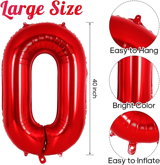 Red Number 0 Balloon 40 Inch, Big Large Foil Helium Number Balloons, Jumbo Giant Mylar Number 0 Balloons for Birthday Red Party Decorations Supplies Anniversary