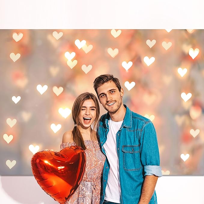Romantic Anniversary Backdrop Banner 7x5ft Gold Heart Light Decorations for Couples Date Night Wedding Engagement Birthday Party Photo Booth Background (82x59inch)