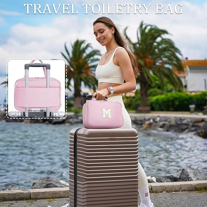 YOOLIFE Hanging Toiletry Bag for Women - Travel Toiletry Bag Makeup Bag, Portable Toiletries Cosmetic Bag, Airplane Travel Essentials - Letter P, Pink