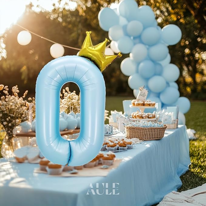 AULE 40 Inch Big Light Blue 0 Balloon Number with Crown Large Foil Helium Number Balloons 0-9 Jumbo Giant Happy Birthday Party Decorations Huge Mylar Anniversary Party Supplies