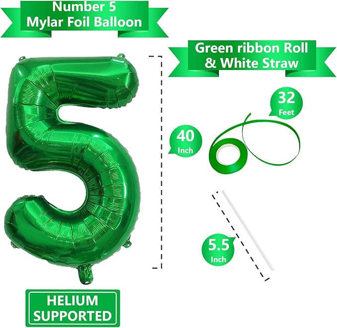 Number Balloons Green Party Balloon - Giant Number 5 Balloon, 40 Inch Large Balloon for St. Patrick's Day Games Theme Birthday Decoration, Girls Boys Party Supplies