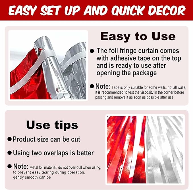 6 Pack Red and Silver Foil Fringe Curtains Backdrop, 3.28 x 8.2 Ft Metallic Streamers Tinsel Curtains Background for Photo Booth, Birthday, Christmas, Halloween, New Year Party Decorations
