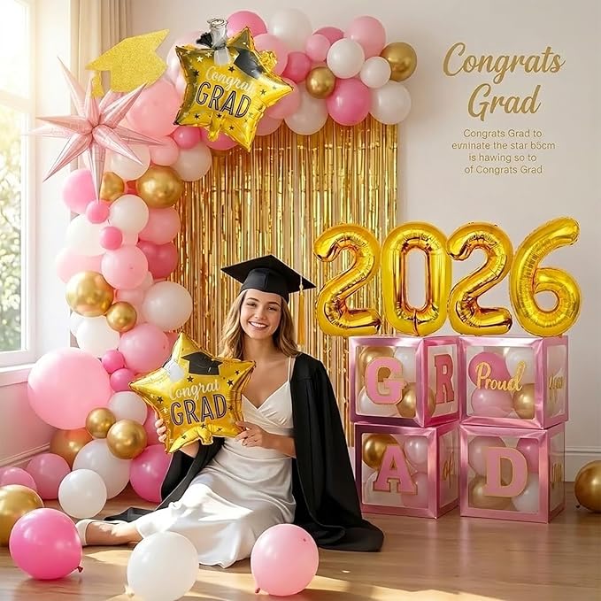 Pink and gold Graduation Decorations 2026 Set of 4 GRAD Balloon Boxes with Balloon Arch Garland Kit mylar balloons shimmer Fringe Curtain So Proud of You 2026 prom Graduation Decorations