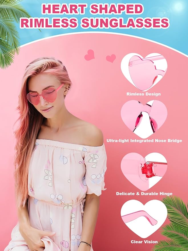 Heart Shaped Sunglasses for Women Colorful Glasses Fun Trendy Transparent Heart Sunglasses Party Favor (2 Pairs-Pink&Rose)