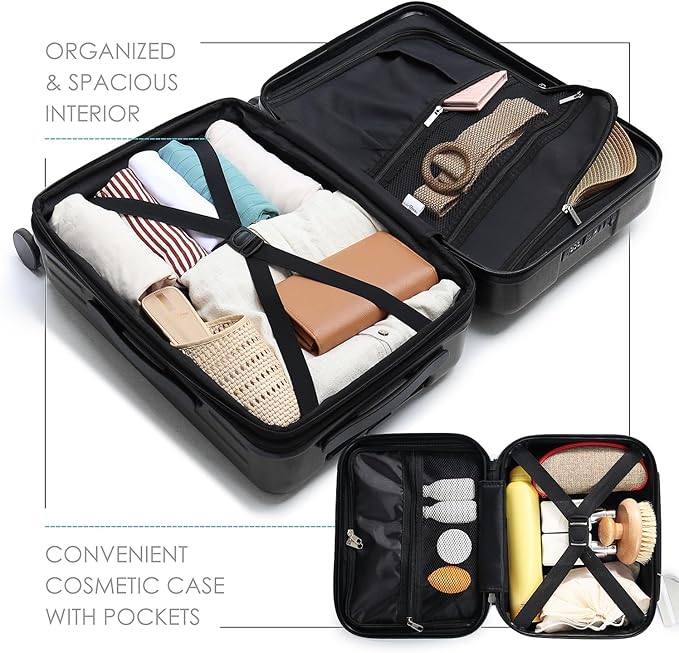 TRAVELARIM 20 Inch Carry On Luggage 22x14x9 Airline Approved, Carry On Suitcase with Wheels, Hard-shell Carry-on Luggage, Durable Luggage Carry-On, Jet Black Small Suitcase with Cosmetic Case