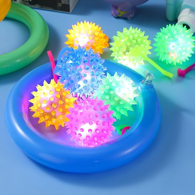 Sotiff 9 Pcs Light up Ball Spiky LED Bouncy Ball Flashing Squeaky Multicolor Puffer Toy Rubber Sensory Toy Carnival Prizes Bulk Party Favors for Teens, Adults, Children