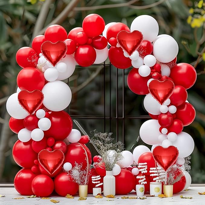 Red White Balloon Garland Arch Kit, 160Pcs Red and White Balloons with Heart Foil Balloons for Romantic Wedding Birthday Party Bridal Shower Valentines Day Decorations