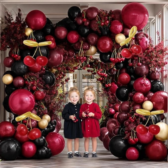 Burgundy Black Balloon Arch Double Stuffed Dark Ruby Red Gold Maroon Black Balloon Garland Kit for Birthday Valentine Day Wedding Bridal Shower Engagement Cherry Anniversary Party Decor