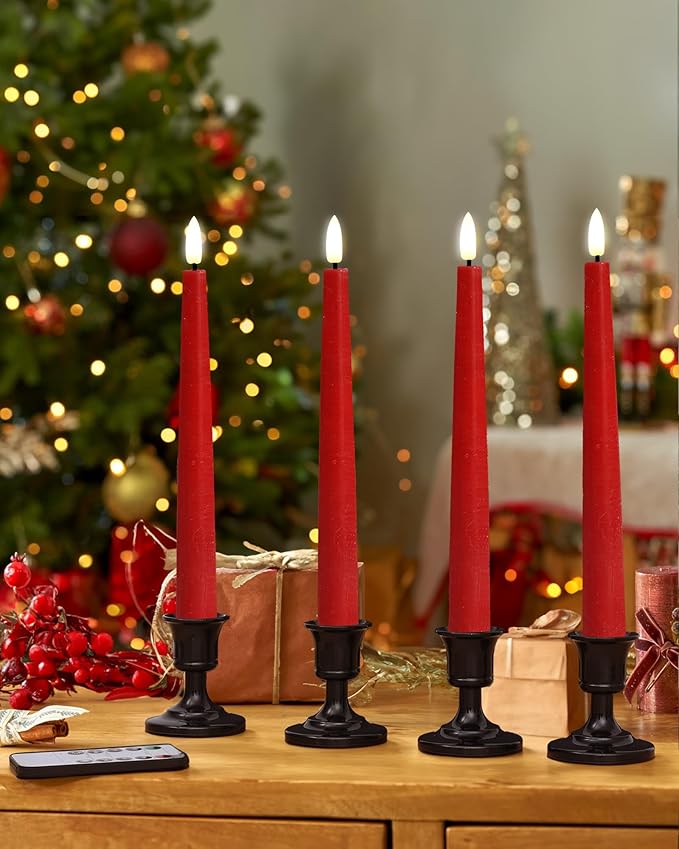 Red Real Wax LED Flameless Taper Candles with Remote and Timer, 9.65 Inch Flameless Candlesticks, Dripless Battery Operated Candles with 3D Flickering Flame - Set of 6