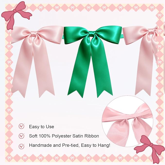 2 Strings of 16PCS Pink&Green Bow Garlands Banner Wicked Party Decoration,Pre-Strung Satin Ribbon Ornaments for Birthday,Bachelorette Party,Wedding,Engagement,Baby Shower,Graduation Decor,Anniversary