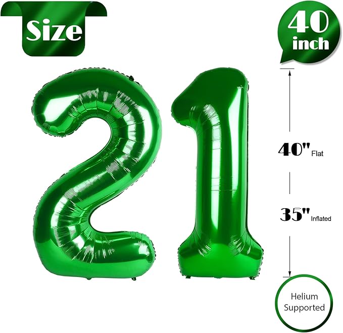 21 Balloon Number, Green Number 21st Birthday Balloons 40 Inch, 21 or 12 Years Old Green Birthday Decorations for Men Women Him Her, 21st Anniversary Decorations