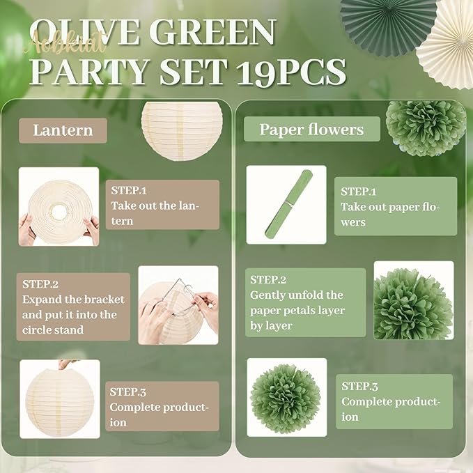 AOBKIAT Sage Green Party Decorations Kit for Birthday,Paper Decor with Flower,Lantern,Party Garland,Streamers for Netural Baby Shower,Bridal Shower,Boho Wedding,Bachelorette,Woodland Theme Parties