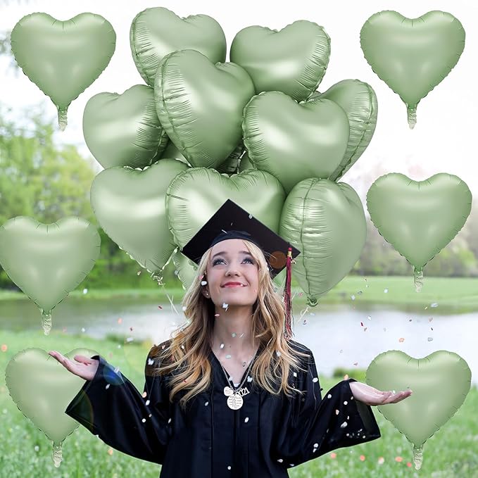 Sage Green Heart Foil Balloon, 10PCS Olive Green Heart Helium Balloons, Light Green Heart Shaped Foil Balloons for Jungle Safari Party Birthday Graduation Garden Wedding Baby Shower Party Decorations