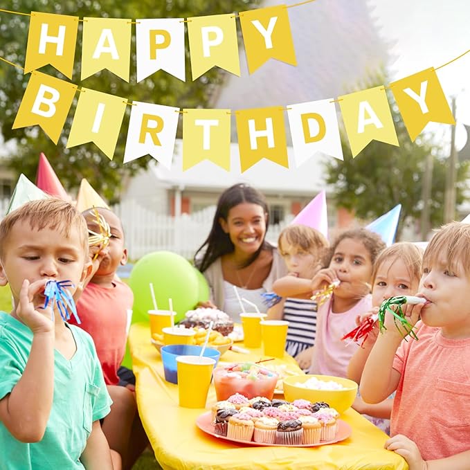 Hooqict Happy Birthday Banner Yellow Birthday Decorations for Kids Girls Women Birthday Tea Party Decorations Yellow Party Banner Garland Sign Bunting Flag Wall Porch Door Hanging Decor