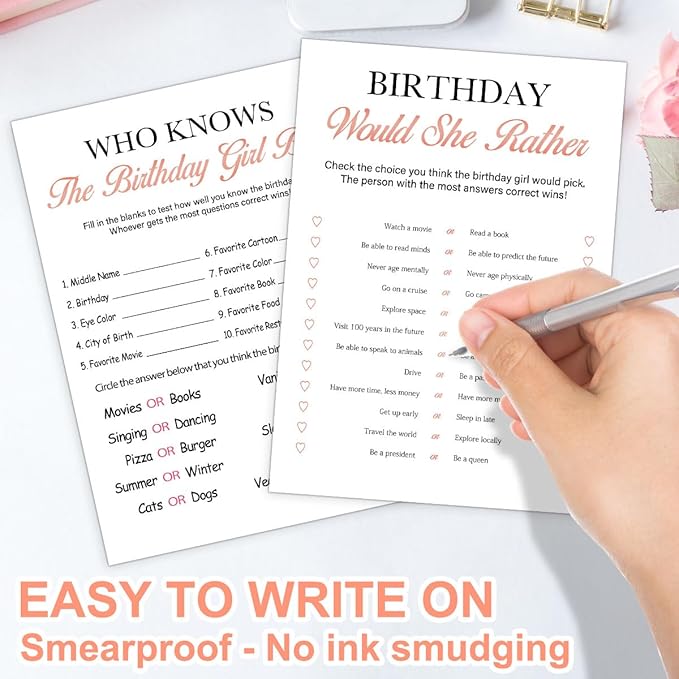 Birthday Party Decoration- Who Knows The Birthday Girl Best-Set of 2 Birthday supplies for 20 guests,Birthday Cards Set -20 Cards,Sweet Party Supplies