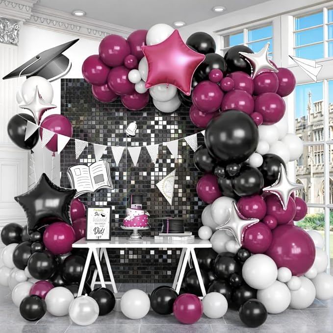 Burgundy Black White Balloons Arch Kit with Star Balloon Pennant Flag Bunting 2025 Foil Balloon Banner Maroon Balloons Garland for Class of 2025 Graduation Theme Birthday Party Supplies