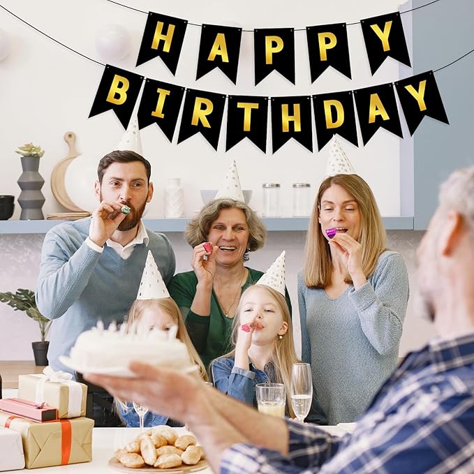 Hooqict Happy Birthday Banner Black and Gold Birthday Decorations for Kids Men Women Black Party Banner Decorations Supplies Wall Door Garland Sign Bunting Flag