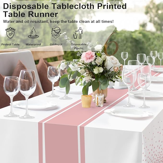 4 Pack White and Rose Gold Tablecloth Party Decorations Plastic White Tablecloth Printed Rose Gold Table Runner 54 x108 Inch Disposable Rectangle Table Cover for Birthday Wedding Graduation