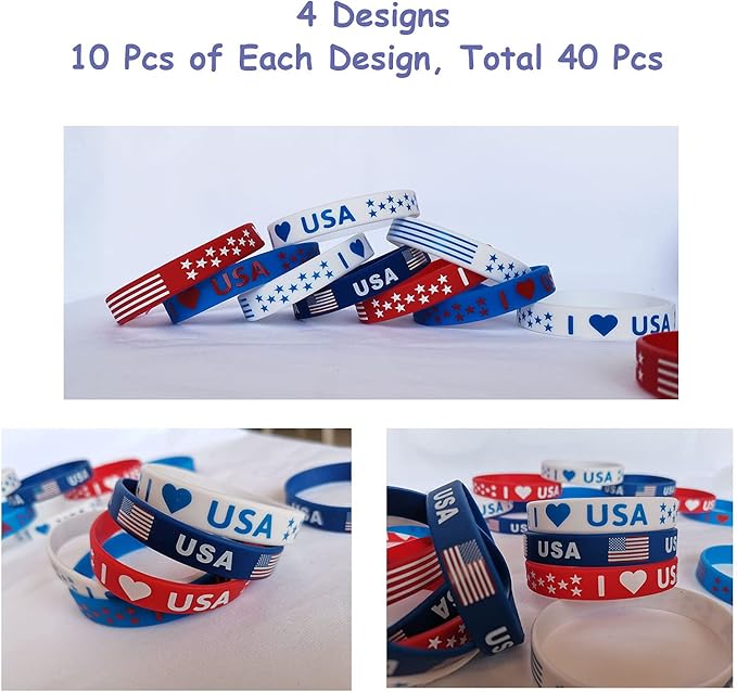 American Flag Silicone Bracelet 40Pcs, Fourth 4th of July Patriotic Party Favors, Memorial Day Veterans Day Wristband, USA Red White and Blue Decorations
