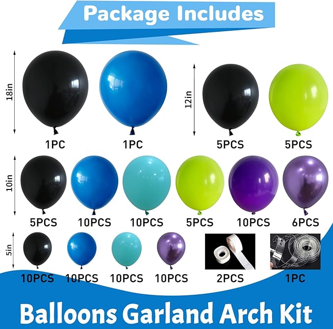 Purple Blue Black Green Balloon Garland Kit Video Game Party Balloons Arch with Metallic Purple Latex Helium Balloon for Boys Night Birthday Baby Shower Party Decorations Supplies