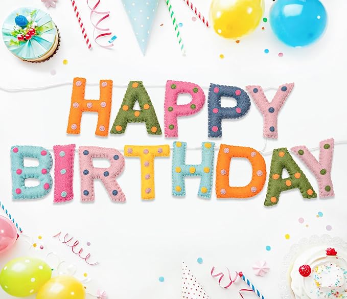 Pre-Strung Handmade Wool Felt Colorful Happy Birthday Banner, Unique 3D Confetti Dots Happy Birthday Garland Decor, Reusable Happy Birthday Sign for Boho Rainbow Party Backdrop Decorations