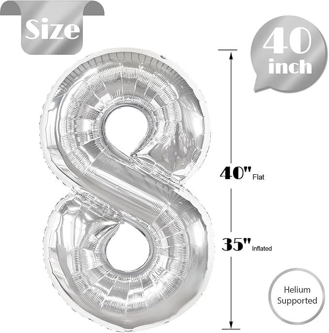 Silver Number 8 Balloon 40 Inch, 8 Balloon Number, 8th Birthday Decorations, Silver Party Supplies for Boys Girls