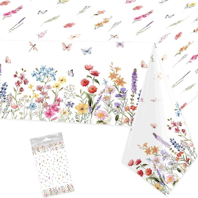 1 Pc Wildflower Tablecloth Spring Summer Floral Table Cover for Butterfly Wildflowers Theme Picnic Dining Holiday Weeding Baby Shower Birthday Tea Party Table Supplies Decorations