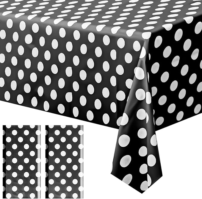 2 Pieces Black Polka Dot Rectangle Tablecloth - 54x72“ Decorative & Stain Resistant Table Cloth with Polka Dot Pattern, Table Cover for Halloween, Dining Table, Buffet, Wedding, Camping, Party